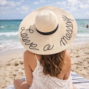 Wide-Brim Straw Sun Hat with Black Script and Band - Natural
